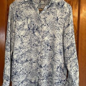 H&M Button Down Blue White Nautical Collared Floral Dot Print Long Sleeve Blouse